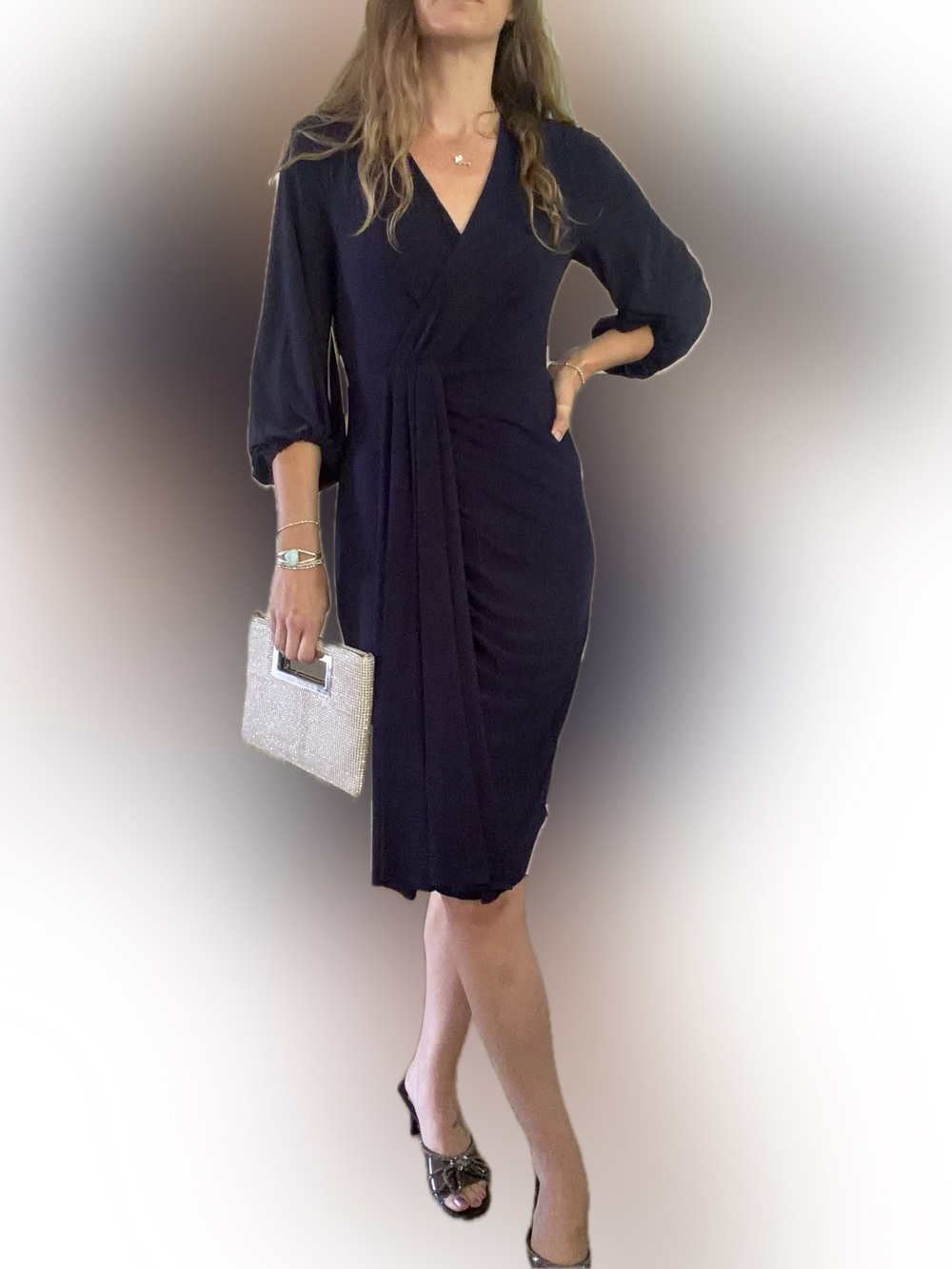 Eliza J Navy Wrap-Front Midi Dress